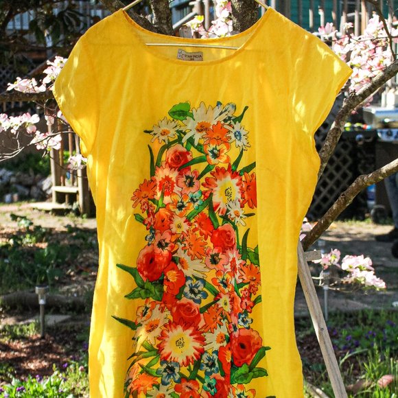 Yellow Screen Printed Chemise Aesthetic Mini Dress - Picture 1 of 13